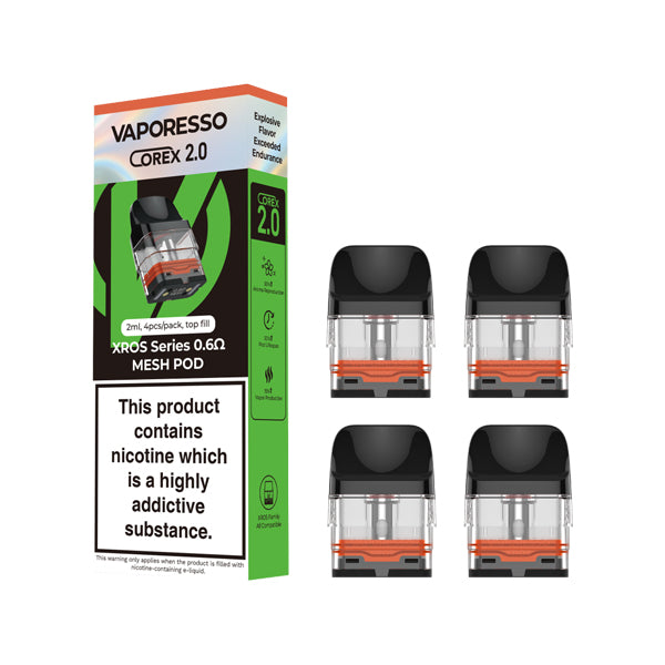 vaporesso xros corex 2.0 in 0.6 ohm replacement pods 4pack box side angle pods front angle.