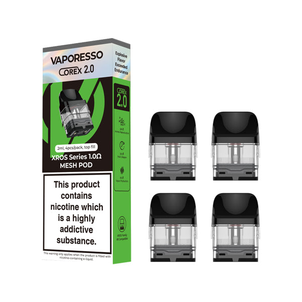 vaporesso xros corex 2.0 in 1.0 ohm replacement pods 4pack box side angle pods front angle.