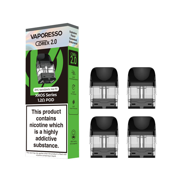 vaporesso xros corex 2.0 in 1.2 ohm replacement pods 4pack box side angle pods front angle.