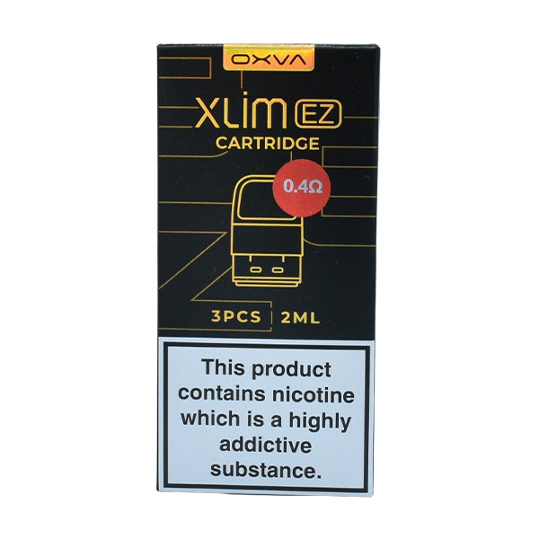 A pack of three OXVA Xlim EZ 0.4 ohms replacement pods. The packaging has the OXVA branding and a schematic of a vaping pod.