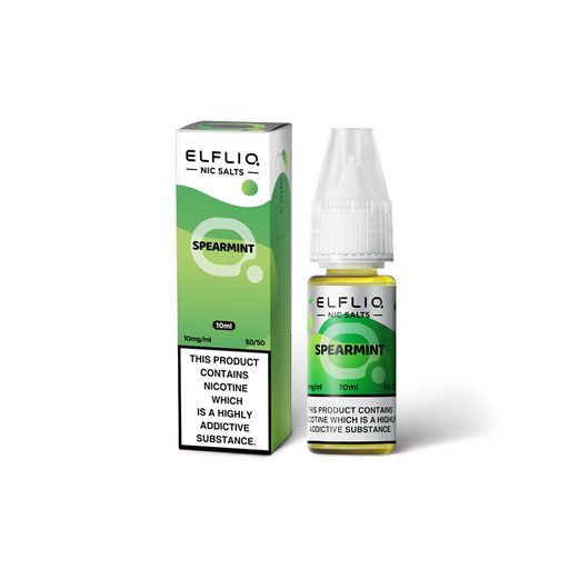 elfliq_nic_salt_e_liquid_10ml_spearmint_bottle_by_elf_bar_showing_50vg_50pg_ratio_with_10mg_or_20mg_nicotine_strength_for_mtl_vaping_variant