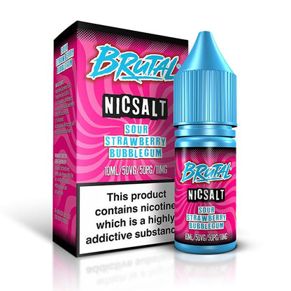brutal_nic_salt_e_liquid_10ml_sour_strawberry_bubblegum_bottle_showing_50vg_50pg_ratio_with_11mg_or_20mg_nicotine_strength_for_mtl_vaping_variant