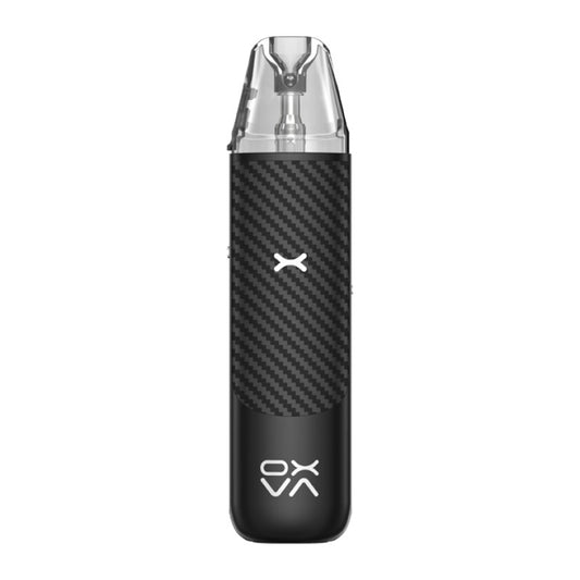 Oxva Nexlim Go Black Warrior vape device with a clear pod on top on a white background.