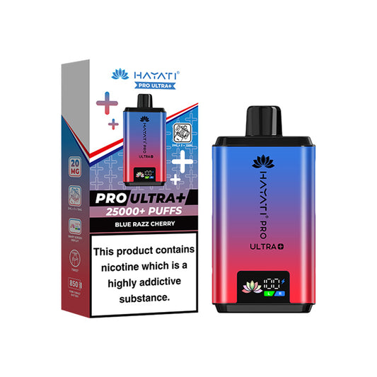 Hayati Pro Ultra+ blue razz cherry vape device and box on a white background.