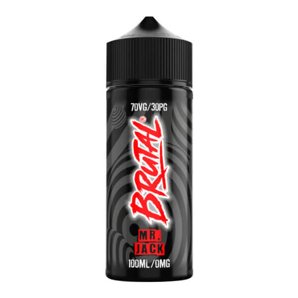 Brutal mr jack vape juice bottle with red and white text on a black background.
