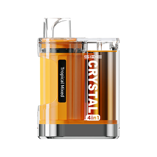 ske_crystal_2400_disposable_vape_kit_tropical_mixed_orange_showing_device_with_4_prefilled_2ml_20mg_nic_salt_pods_950mah_rechargeable_battery_and_type_c_charging