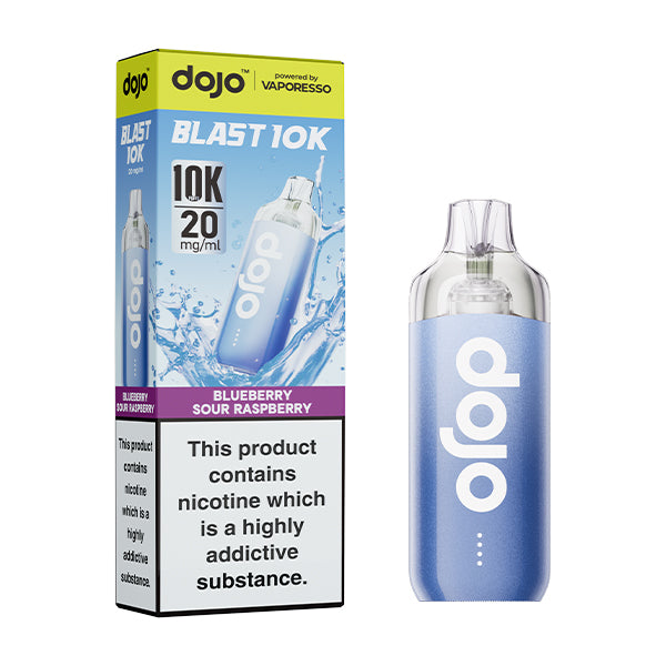 Dojo blast 10k blueberry sour raspberry flavoured indisposable vape device and box.