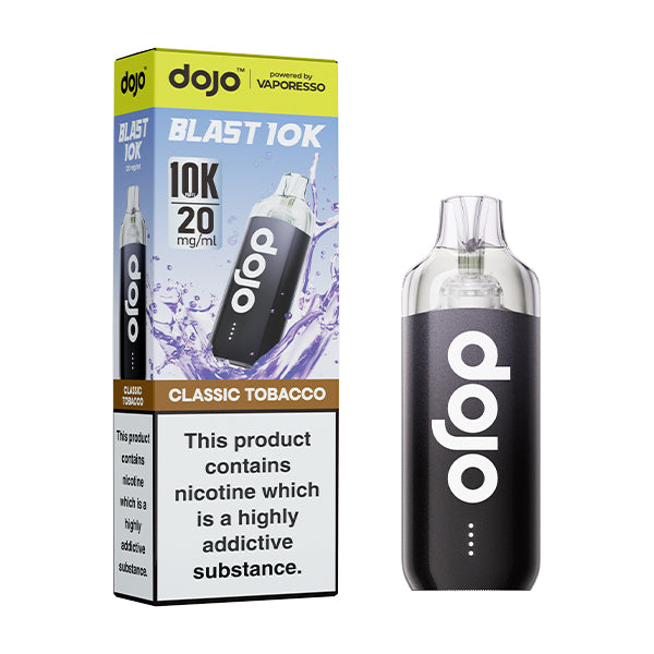 Dojo blast 10k classic tobacco flavoured indisposable vape device and box.