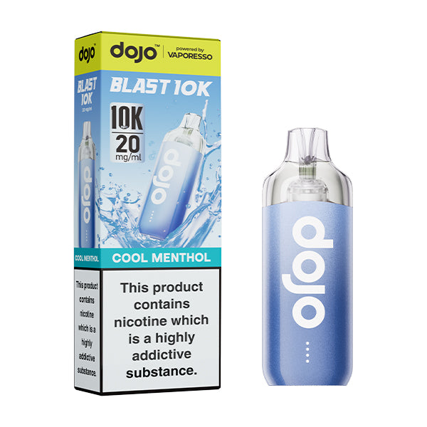 Dojo blast 10k cool menthol flavoured indisposable vape device and box.