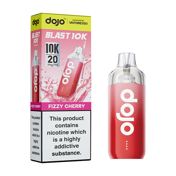 Dojo blast 10k fizzy cherry flavoured indisposable vape device and box.