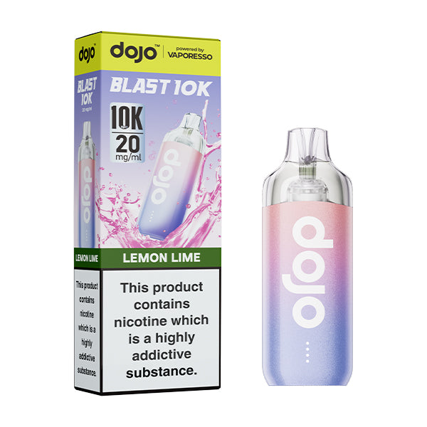 Dojo blast 10k lemon and lime flavoured indisposable vape device and box.