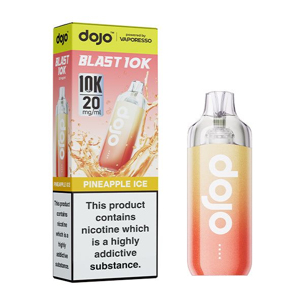 Dojo blast 10k pineapple ice flavoured indisposable vape device and box.