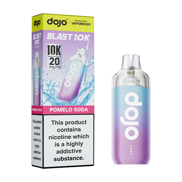 Dojo blast 10k pomelo soda flavoured indisposable vape device and box.