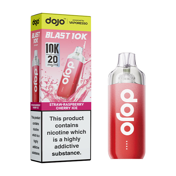 Dojo blast 10k straw-raspberry cherry ice flavoured indisposable vape device and box.