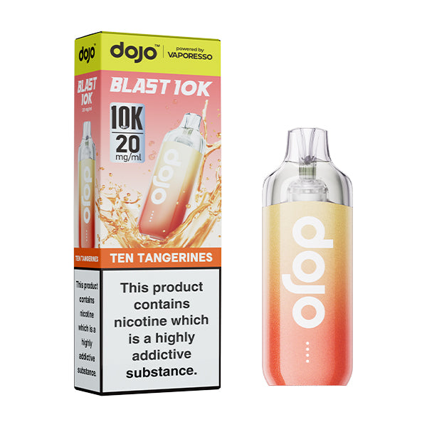 Dojo blast 10k ten tangerines flavoured indisposable vape device and box.
