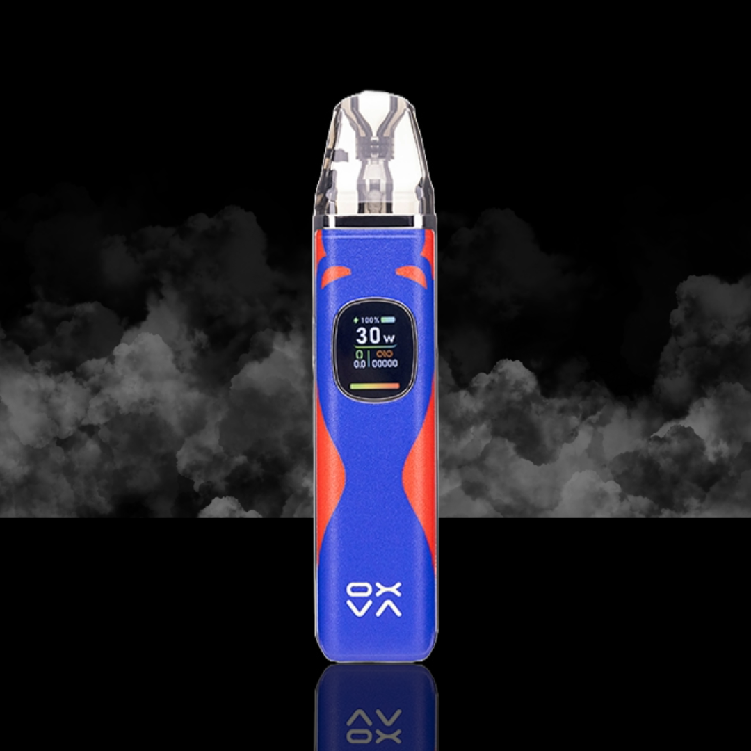 Oxva xlim pro 2 champion blue device with led screem and oxva branding vape kit in white background.