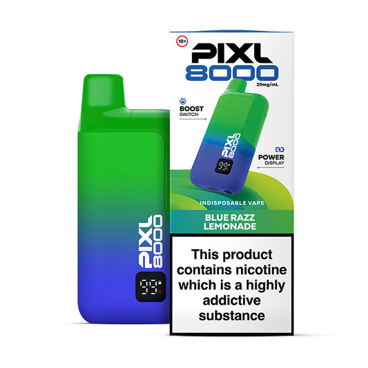 Pixl 8000 blue razz lemonade flavour vape device and box.