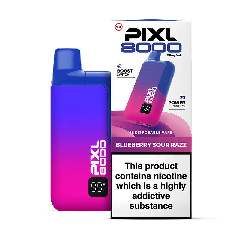 Pixl 8000 blueberry sour razz flavour vape device and box.