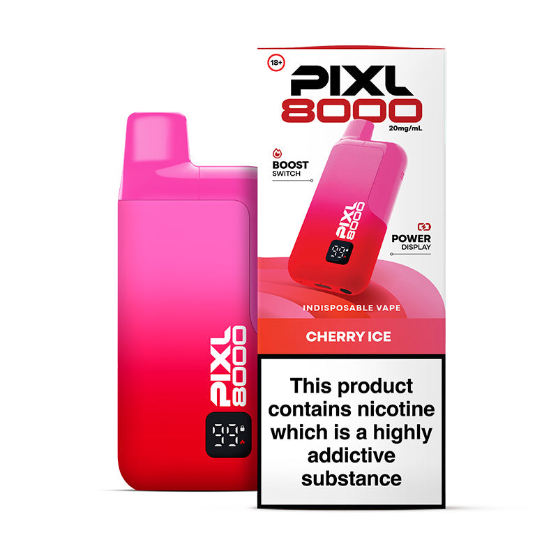 Pixl 8000 cherry ice flavour vape device and box.