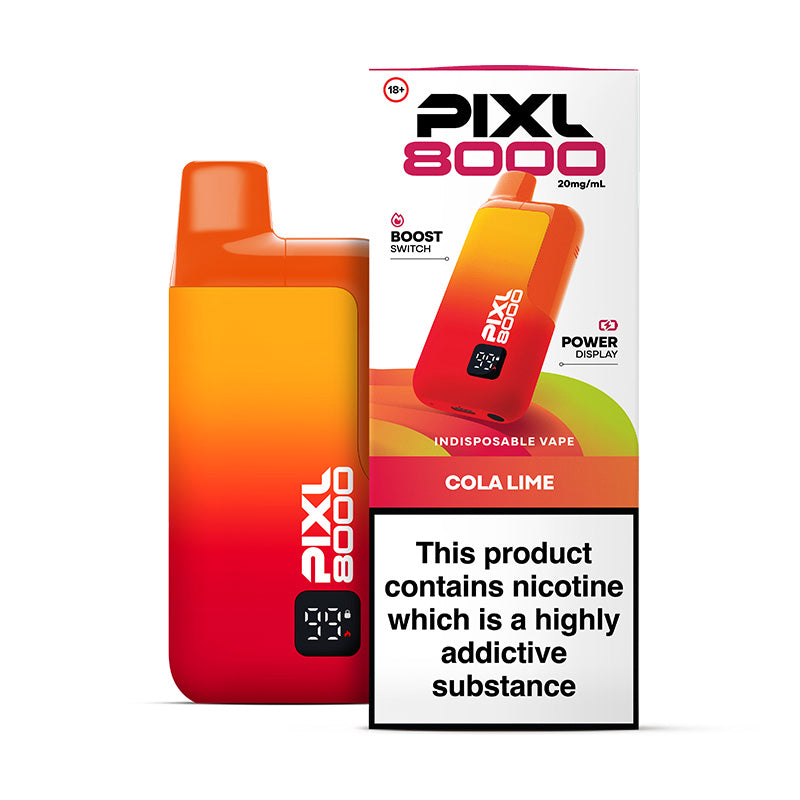 Pixl 8000 cola lime flavour vape device and box.