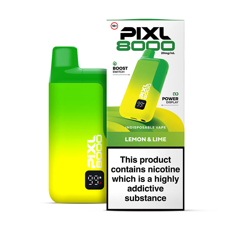 Pixl 8000 blue lemon and lime flavour vape device and box.