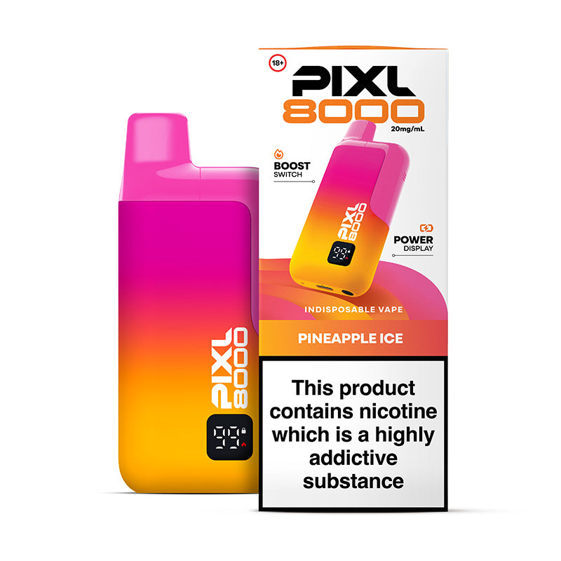 Pixl 8000 pineapple ice flavour vape device and box.