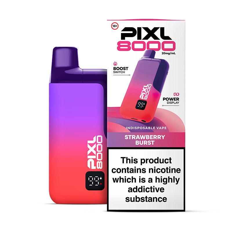 Pixl 8000 strawberry burst flavour vape device and box.