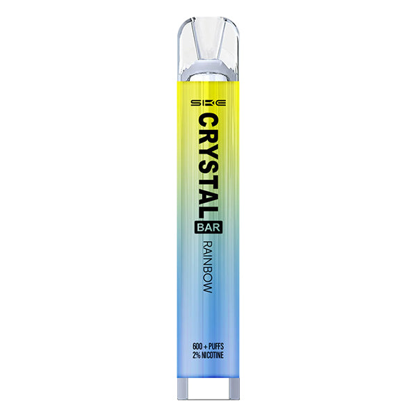 ske_crystal_bar_disposable_vape_rainbow_showing_sleek_design_with_2ml_20mg_nic_salt_e_liquid_500mah_battery_and_1.2ohm_mesh_coil_for_up_to_600_puffs_variant
