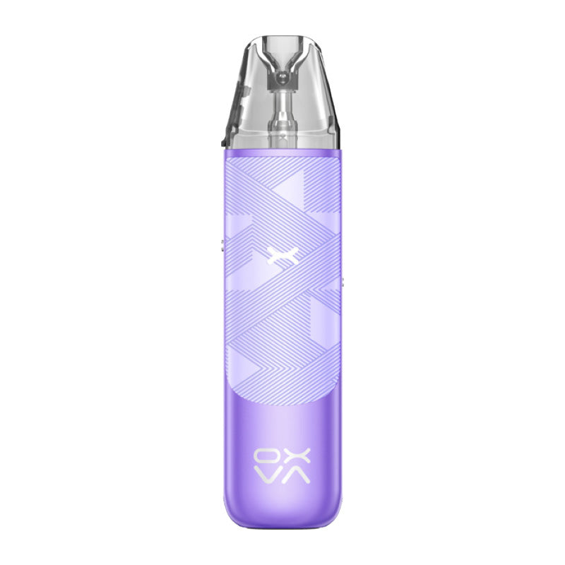 Oxva Nexlim Go silky purple vape device with a clear pod on top on a white background.
