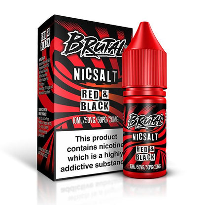 brutal_nic_salt_e_liquid_10ml_red_&_black_bottle_showing_50vg_50pg_ratio_with_11mg_or_20mg_nicotine_strength_for_mtl_vaping_variant