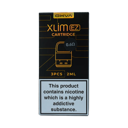 A pack of three OXVA Xlim EZ 0.6 ohms replacement pods. The packaging has the OXVA branding and a schematic of a vaping pod.