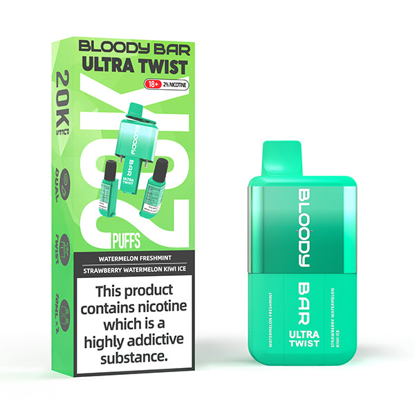 bloody-bar-20k-ultra-twist-watermelon-freshmint-watermelon-strawberry-kiwi-ice-prefilled-disposable-vape-kit-box-and-device