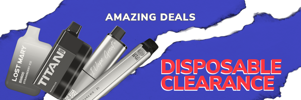 Disposable clearance offer with amazing deals communication with disposable device images with a tearing paper like white and blue background.