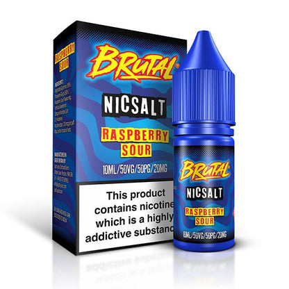 brutal_nic_salt_e_liquid_10ml_raspberry_sour_bottle_showing_50vg_50pg_ratio_with_11mg_or_20mg_nicotine_strength_for_mtl_vaping_variant