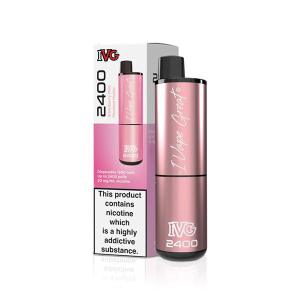 ivg_2400_disposable_vape_kit_strawberry_mint_menthol_mojito_flavour_showing_sleek_design_with_4_pre_filled_20mg_nic_salt_pods_and_1750mah_battery_for_up_to_2400_puffs_variant