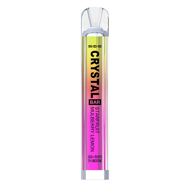 ske_crystal_bar_disposable_vape_starfruit_mulberry_lemon_showing_sleek_design_with_2ml_20mg_nic_salt_e_liquid_500mah_battery_and_1.2ohm_mesh_coil_for_up_to_600_puffs_variant
