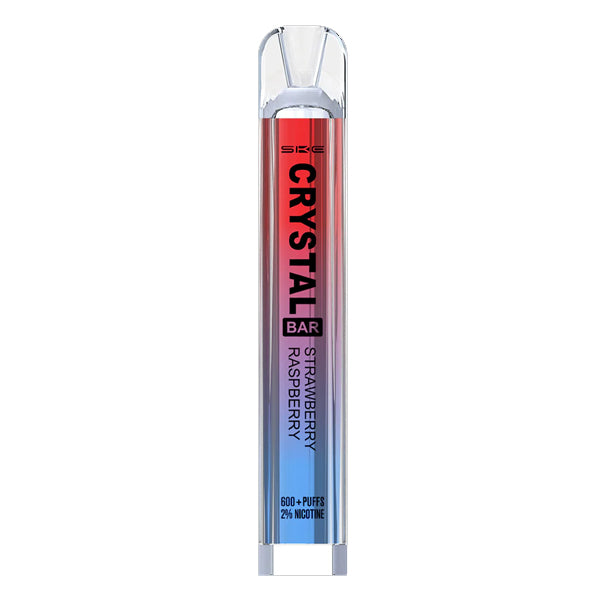 ske_crystal_bar_disposable_vape_strawberry_raspberry_showing_sleek_design_with_2ml_20mg_nic_salt_e_liquid_500mah_battery_and_1.2ohm_mesh_coil_for_up_to_600_puffs_variant