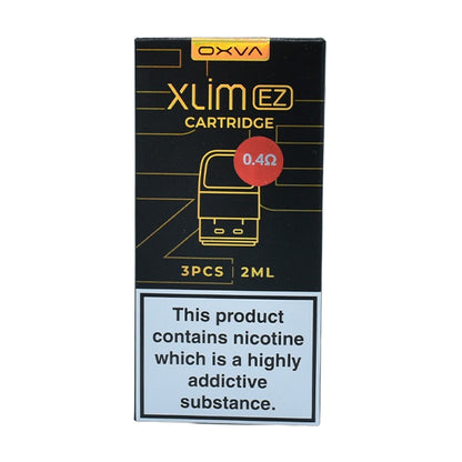 A pack of three OXVA Xlim EZ 0.4 ohms replacement pods. The packaging has the OXVA branding and a schematic of a vaping pod.