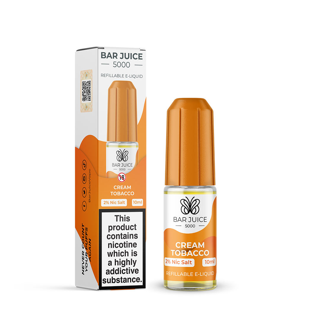 bar_juice_5000_nic_salt_e_liquid_10ml_cream_tobacco_bottle_showing_10mg_or_20mg_nicotine_strength_with_40vg_60pg_ratio_for_mtl_vaping_variant