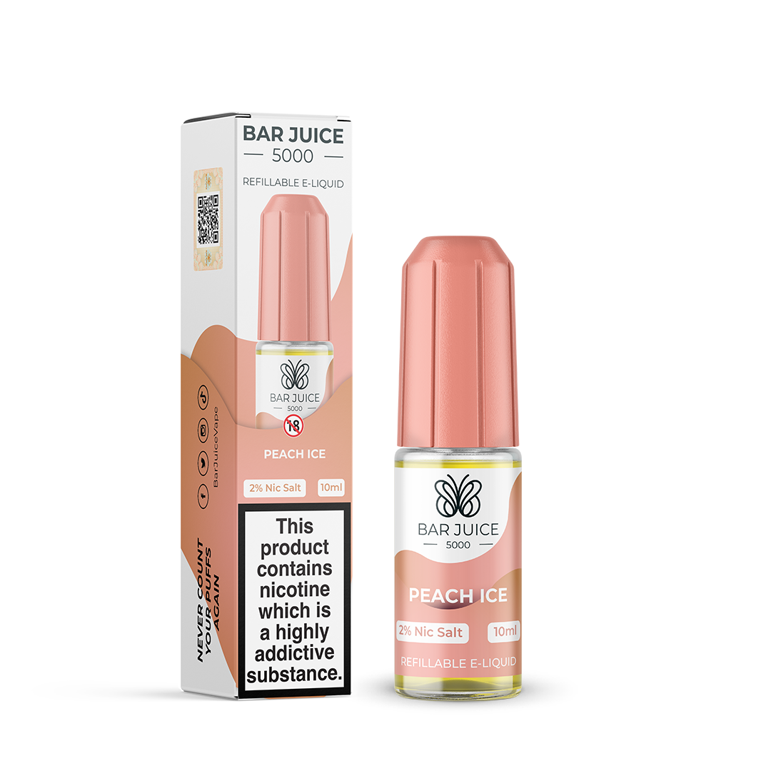 bar_juice_5000_nic_salt_e_liquid_10ml_peach_ice_bottle_showing_10mg_or_20mg_nicotine_strength_with_40vg_60pg_ratio_for_mtl_vaping_variant