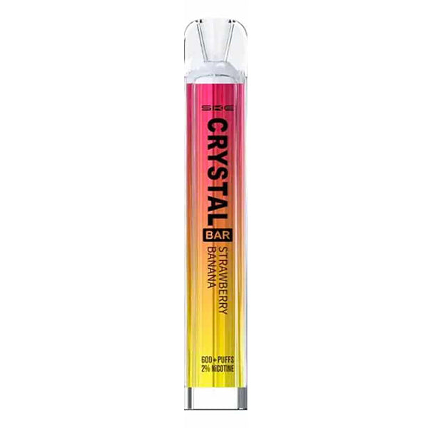 ske_crystal_bar_disposable_vape_strawberry_banana_showing_sleek_design_with_2ml_20mg_nic_salt_e_liquid_500mah_battery_and_1.2ohm_mesh_coil_for_up_to_600_puffs_variant