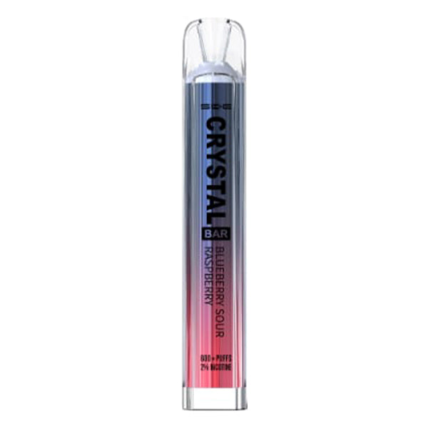ske_crystal_bar_disposable_vape_blueberry_sour_raspberry_showing_sleek_design_with_2ml_20mg_nic_salt_e_liquid_500mah_battery_and_1.2ohm_mesh_coil_for_up_to_600_puffs_variant