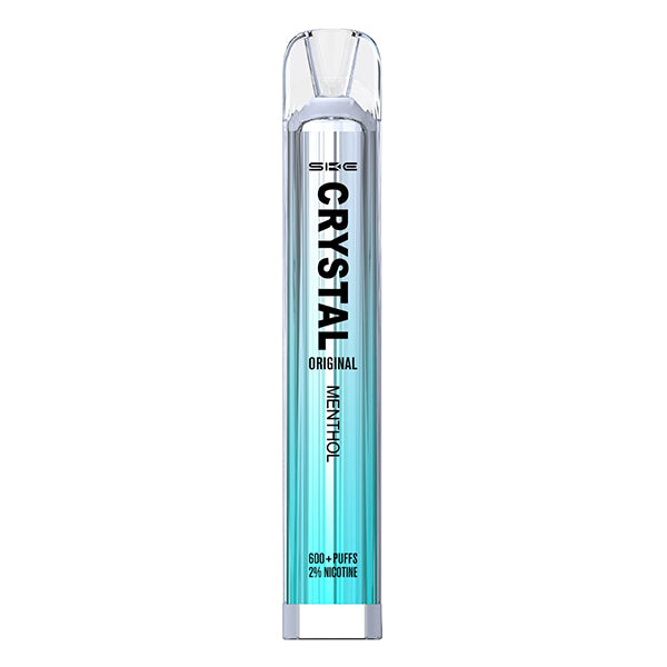 ske_crystal_bar_disposable_vape_menthol_showing_sleek_design_with_2ml_20mg_nic_salt_e_liquid_500mah_battery_and_1.2ohm_mesh_coil_for_up_to_600_puffs_variant