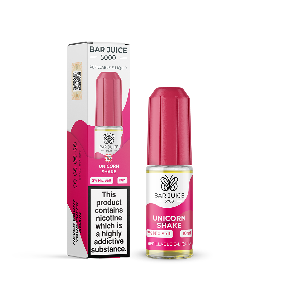 bar_juice_5000_nic_salt_e_liquid_10ml_unicorn_shake_bottle_showing_10mg_or_20mg_nicotine_strength_with_40vg_60pg_ratio_for_mtl_vaping_variant